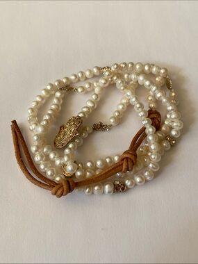 Sterling stamped 925 freshwater Pearl wrap bracelet with Hamsa Accent - White